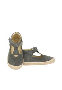 Szare brokatowe buty Mary Jane z wycięciem w kształcie serca, zapięciem na pasek i beżową podeszwą. Gładka tekstura, zaokrąglony czubek i klasyczny design.