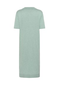 Rövid ujjú, menta zöld ruha. Puha kötött anyag gallérral és bordás aljjal. Egyenes vonalú, térdvalidású kialakítás, látható minták nélkül.