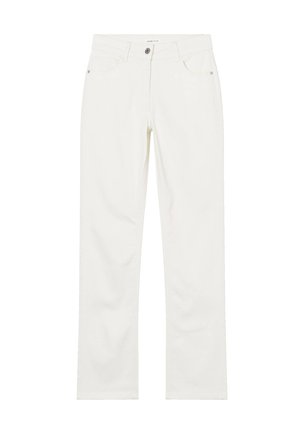 Witte denim broek met een recht model, voorzakken, knoopsluiting en subtiele stiksels. Soepele textuur en minimale hardware.