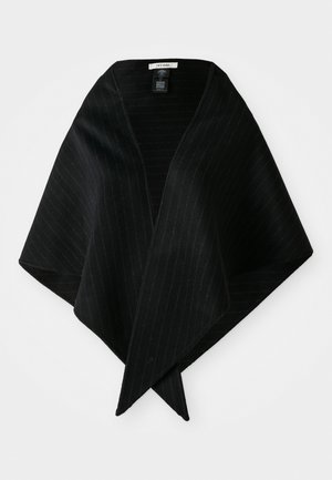 Schwarzer Schal mit vertikalen Nadelstreifen, aus weichem Material gefertigt. Verfügt über ein V-Ausschnitt-Design und kantige Kanten für eine drapierte Optik.