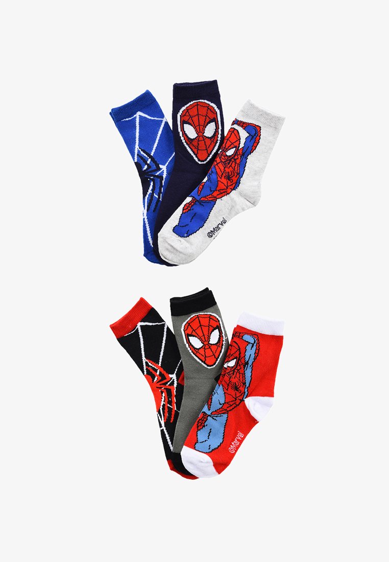Seis calcetines infantiles coloridos con diseños de Spider-Man, que incluyen telarañas, rostros de Spider-Man y poses de acción, en azul, negro, gris, rojo y blanco.