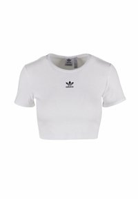 Balta trumpa marškinėliai, pagaminti iš raukšlėtos medžiagos, su apvaliu kaklu ir trumpomis rankovėmis. Juodas Adidas logo, esantis centre ant krūtinės.