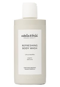 Gel per il corpo rinfrescante in una leggera bottiglia beige con un tappo bianco. L'etichetta presenta testi neri che dettagliano il nome del prodotto e gli ingredienti.