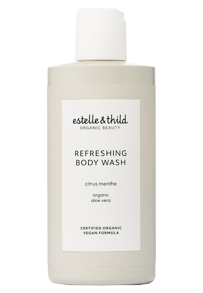Gel per il corpo rinfrescante in una leggera bottiglia beige con un tappo bianco. L'etichetta presenta testi neri che dettagliano il nome del prodotto e gli ingredienti.
