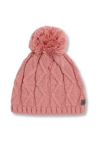 Stickad rosa mössa med ett strukturerat diamantmönster, prydd med en fluffig pom-pom på toppen och en liten silverfärgad logotag på sidan.