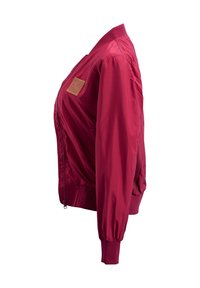Red bomber jacket with a sleek, shiny finish. Features elastic cuffs and hem, side pockets, and a leather patch on the left chest.