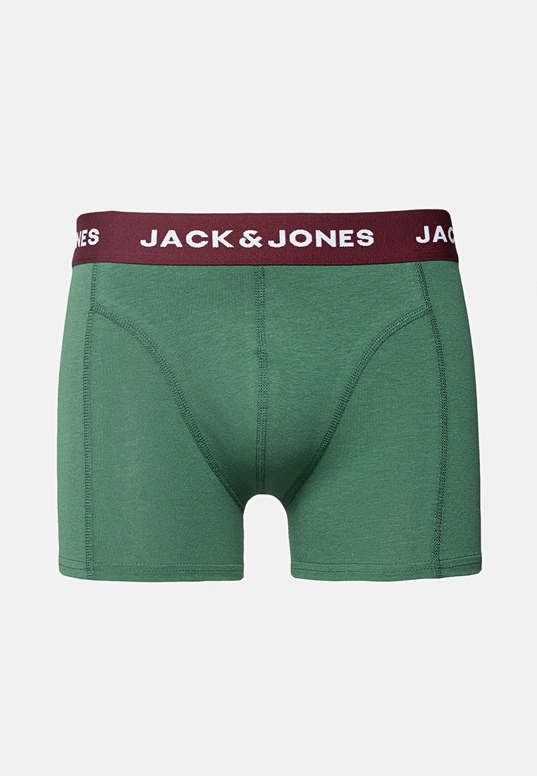 Boxer ajustados verdes para hombre con cinturilla elástica burdeos que presenta la marca "JACK & JONES" en blanco.