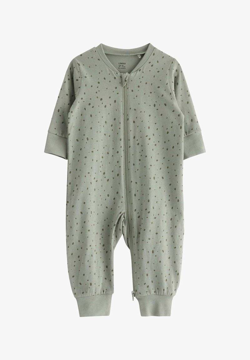 Zielony kombinezon na zamek, wykonany z miękkiej bawełny, z małymi brązowymi plamkami, ściągaczami na rękawach i okrągłym dekoltem. Odpowiedni dla niemowląt.