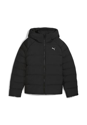 Zwarte pufferjas met capuchon, volledige rits aan de voorkant en een klein wit Puma-logo op de linkerborst.