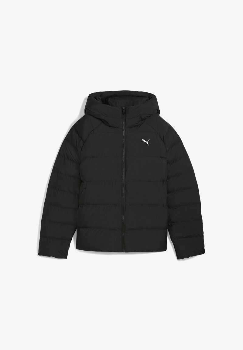 Must must jacket kapuutsiga, täieliku esifluusi ja väikese valge Puma logoga vasakul rinnal.