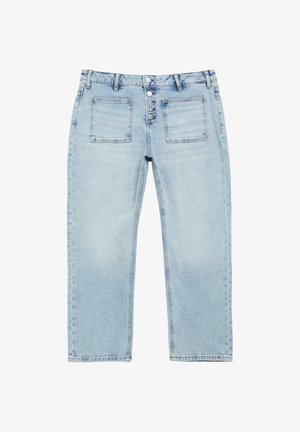Jeans in denim blu chiaro con tasche applicate frontali e cinque bottoni metallici visibili sulla patta, mostrati su sfondo bianco.