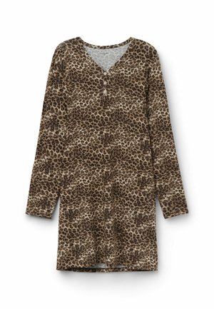 Jurk met lange mouwen en V-hals, voorzien van drie knopen en een bruin luipaardprintpatroon.