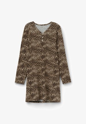 Jurk met lange mouwen en V-hals, voorzien van drie knopen en een bruin luipaardprintpatroon.