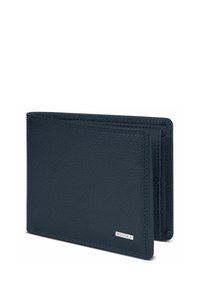 Zwarte gestructureerde leren bifold-portemonnee met zichtbare stiksels en een klein metalen merklabel "REDOLZ" in de onderste hoorn aan de voorkant.