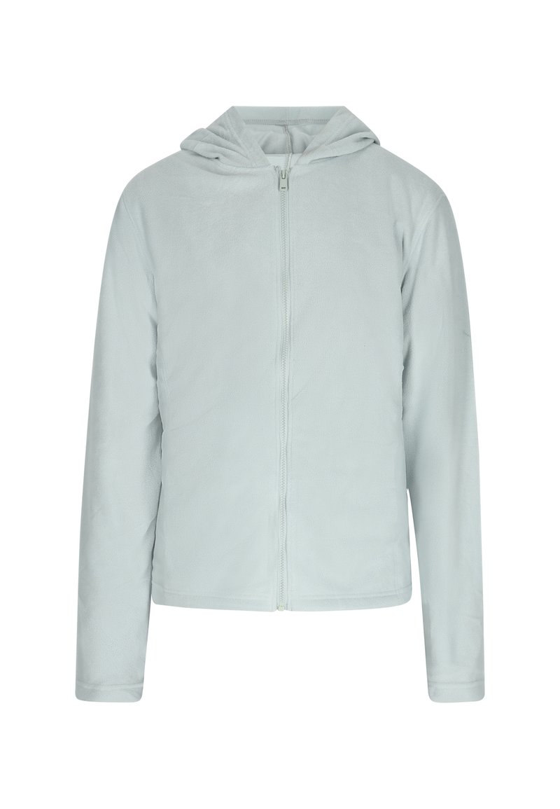 Giacca a zip in pile azzurro chiaro con cappuccio, caratterizzata da maniche lunghe e una texture liscia. La zip si estende centralmente dal colletto.