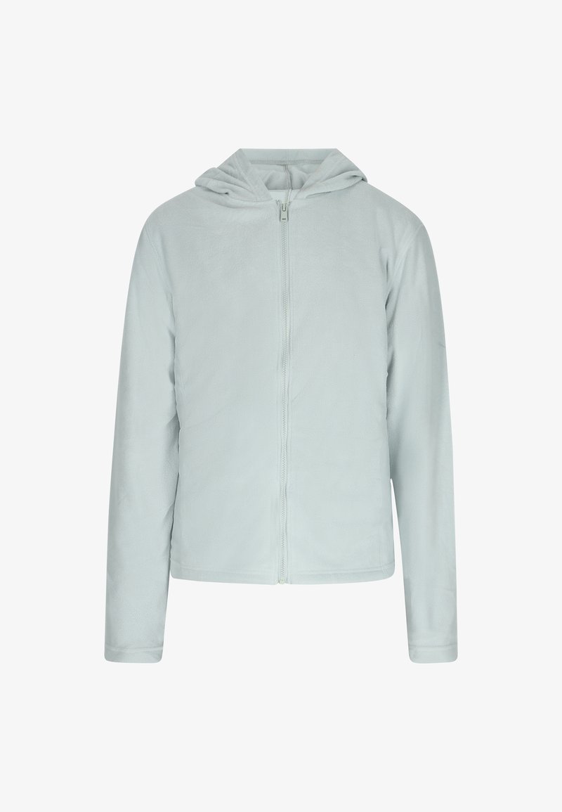 Giacca a zip in pile azzurro chiaro con cappuccio, caratterizzata da maniche lunghe e una texture liscia. La zip si estende centralmente dal colletto.