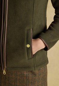 Ruka v vrecku olivovo zelenej fleecovej bundy s hnedým lemovaním a zlatým zipsom, v kombinácii s károvanou sukňou alebo nohavicami.