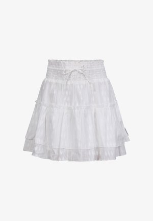 Gonna bianca a strati realizzata in tessuto leggero. Presenta una vita arricciata con cordoncino e motivi testurizzati su tutta la superficie.