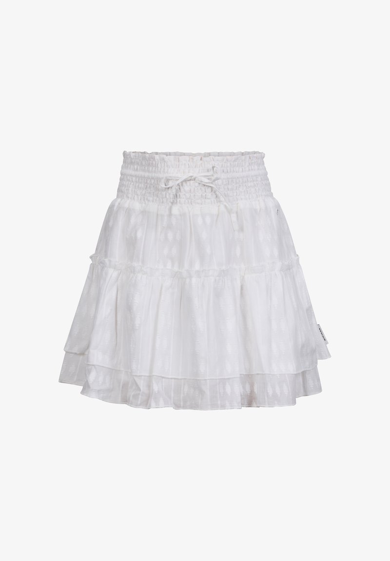 Biała spódnica warstwowa uszyta z lekkiego materiału. Posiada marszczoną talię ze sznurkiem i teksturowane wzory w całej długości.