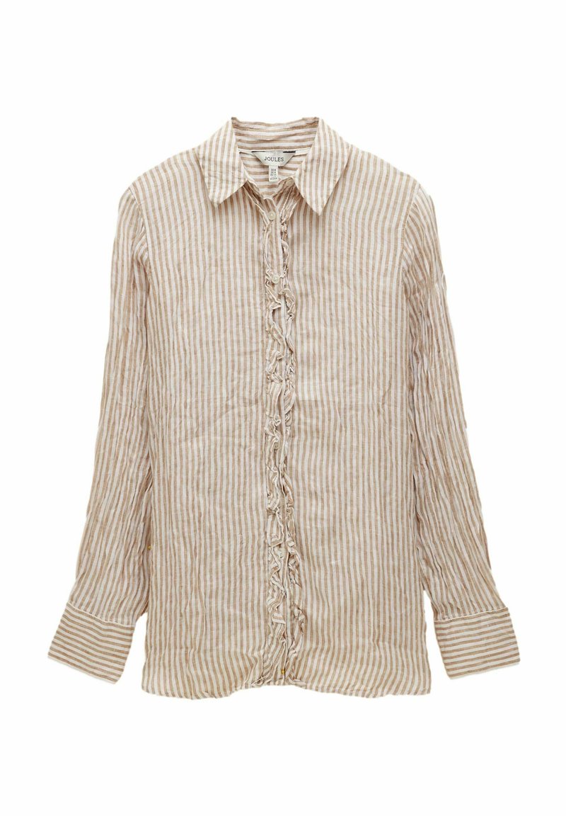 Pruhovaná košeľa s dlhým rukávom v béžovej a krémovej farbe, s volantovým zapínaním a tradičným golierom. Vyrobená z ľahkého materiálu.
