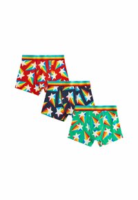 Tri parove dječačkih bokserica s uzorkom zvijezda i duge. Boje uključuju crvenu, mornarsku i zelenu, s kontrastnim prugastim pojasovima.