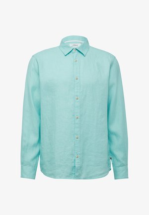 Himmelblaues Hemd aus Leinen mit Kragen, langen Ärmeln und abgerundetem Saum, mit naturfarbigen Knöpfen und minimaler Verzierung.