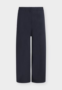 Marinblå, vida byxor med mjuk textur och elastisk midja. Har en lös passform och rak benstil. Inga ytterligare detaljer.