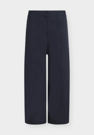 Duboke široke hlače mornarsko plave boje s mekanom teksturom i elastičnim pojasom. Imaju ležeran kroj i dizajn ravnih nogavica. Bez dodatnih detalja.