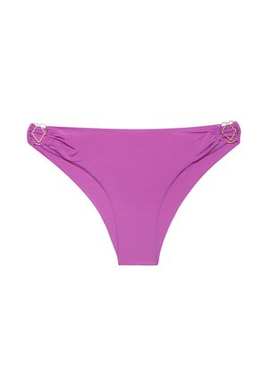 Purple bikini bottom with ruched sides and gold geometric ring details on each hip, isolated on white background.