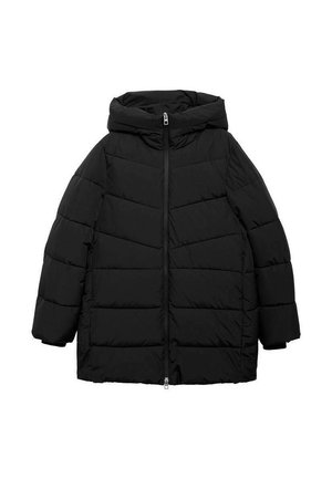 Doudoune noire avec capuche, dotée d'une fermeture zippée à l'avant, d'un motif matelassé horizontal et de manches larges pour un ajustement décontracté.