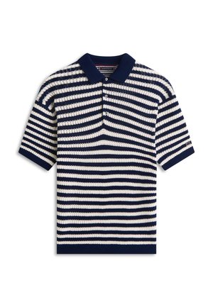 Polo in maglia a maniche corte a righe blu navy e bianco con tre bottoni e colletto e polsini blu navy a tinta unita.