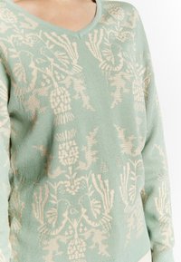 Hellgrüner gestrickter Pullover mit V-Ausschnitt, der ein dezentes Muster aus Vögeln und floralen Motiven in Cremefarbe aufweist. Weicher Stoff, lässige Passform.