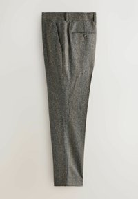 Gray houndstooth trousers made of textured fabric, featuring a flat front, side pockets, and a rear buttoned pocket. Straight leg design.