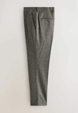 Pantaloni houndstooth grigi realizzati in tessuto testurizzato, con vita piatta, tasche laterali e una tasca posteriore con bottone. Design a gamba dritta.