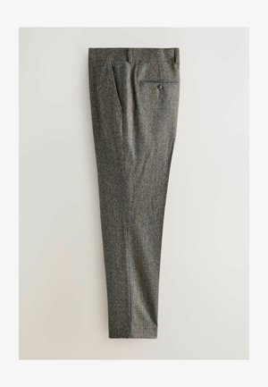 Grijze houndstooth broek gemaakt van gestructureerde stof, met een vlakke voorkant, zijzakken en een achterzak met knoop. Rechtemodel.