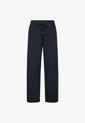 Navy blue wide-leg sweatpants with elastic waistband and black drawstring tie, designed for casual wear.
