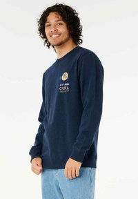 Navy blue sweatshirt made from soft fabric, featuring a round neck, long sleeves, and a printed logo with palm trees on the chest.