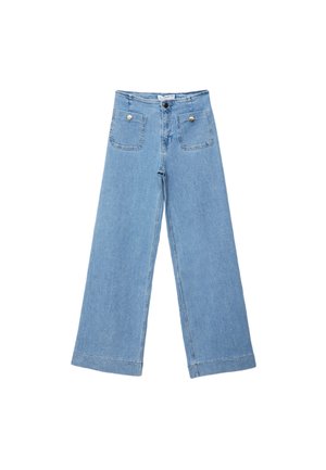 Lichtblauwe wijde spijkerbroek van denim, met een hoge taille, twee voorzakken en een knoopsluiting. Schone randen en minimale stiksels.