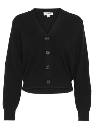 Cardigan nero corto con scollatura a V, maniche lunghe e cinque bottoni frontali, caratterizzato da una texture a coste e una vestibilità sartoriale.