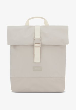 Beige roll-top backpack made of durable fabric with a white buckle strap. Features a logo patch and a solid base for stability.