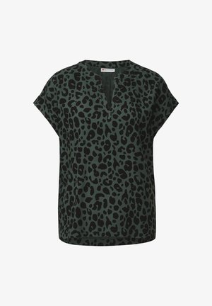Green top with black leopard print, short sleeves, V-neckline, and relaxed fit. Fabric appears smooth with a slight sheen.