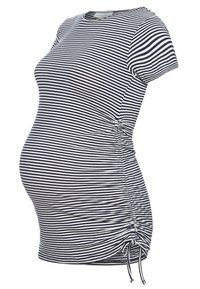 Camiseta de maternidad de manga corta, a rayas horizontales en azul marino y blanco, con fruncidos en los laterales y un tejido suave y elástico de mezcla de algodón.