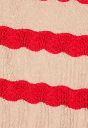 Tela de punto con franjas onduladas alternas; fondo color crema y franjas texturizadas rojo brillante con bordes festoneados y motivos en forma de hoja.