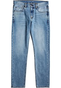 Ljusblå denimjeans med rak passform, försedda med fem fickor, bältesöglor och synlig sömnad. Mjuk textur med lätt slitna detaljer.