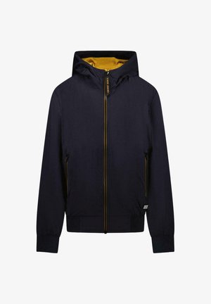 Marineblauwe bomberjack met een gele binnenkant, ritssluiting, twee zijzakken en elastische manchetten voor een nauwsluitende pasvorm.