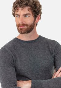 Grauer Pullover mit Rundhalsausschnitt aus weichem Strickstoff, ausgestattet mit langen Ärmeln und einer taillierten Passform, die den Körper umschmeichelt.