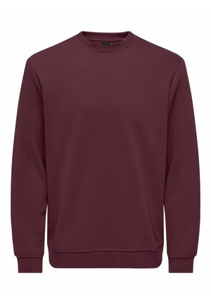 Bordo sweatshirt z dolgimi rokavi, okroglim ovratnikom, rebrastim ovratnikom in manšetami ter gladko teksturo. Preprosta zasnova brez okrasitev.
