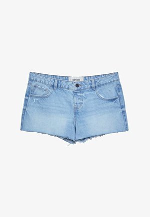 Light blue denim shorts with a frayed hem, featuring five pockets, a front button closure, and a branded label at the waistband.