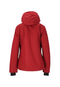 Röd vadderad jacka med huva, med en rak ryggdesign och svarta ärmslut. Slät textur, utan synliga mönster eller detaljer.