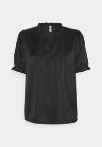 Black satin blouse with a relaxed fit, short puff sleeves, ruffled neckline, and pleated front detail. Smooth texture.